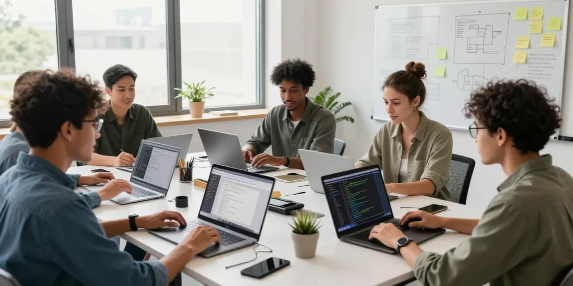 Build internal tools with AI in a collaborative workspace, showcasing developers engaged in coding and brainstorming activities.