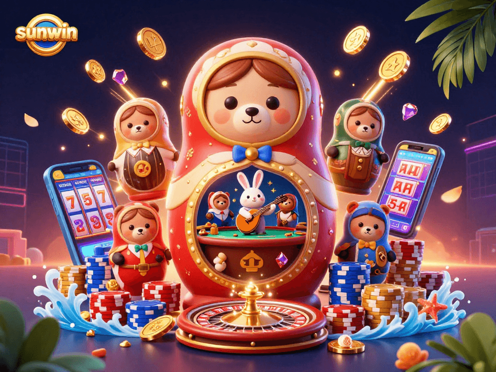 Experience the thrill of sunwin with vibrant casino elements and engaging characters in this dynamic scene