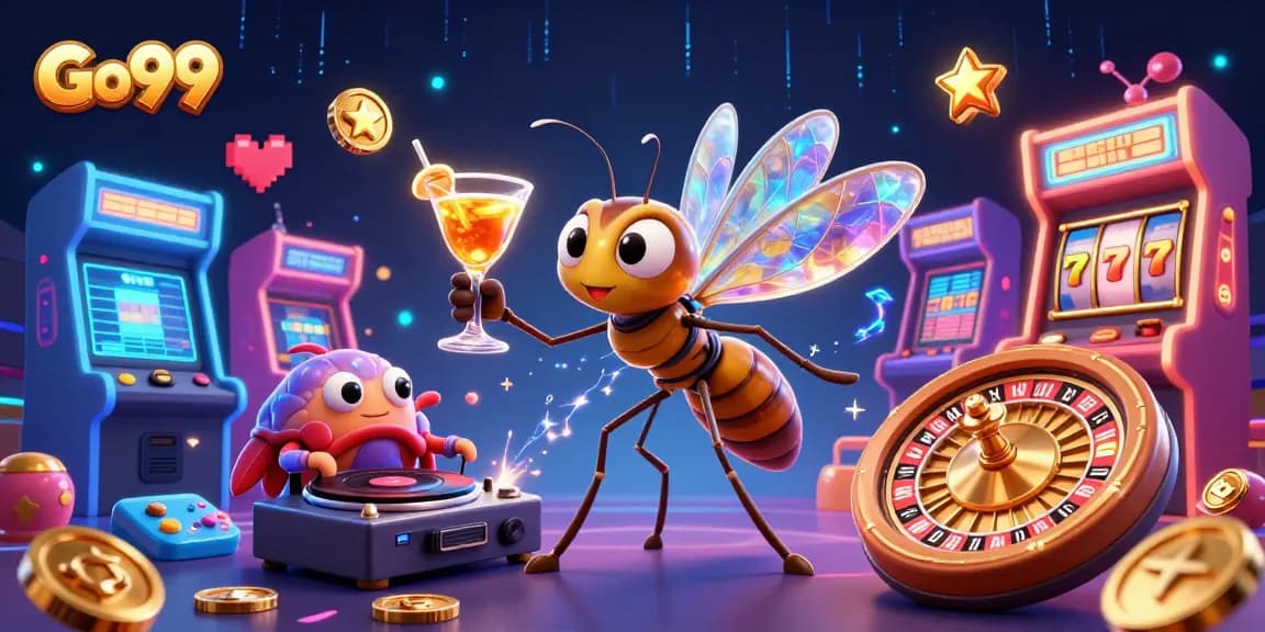 Go99 showcases a dynamic casino scene with a unique mascot, colorful arcade elements, and lively gameplay.