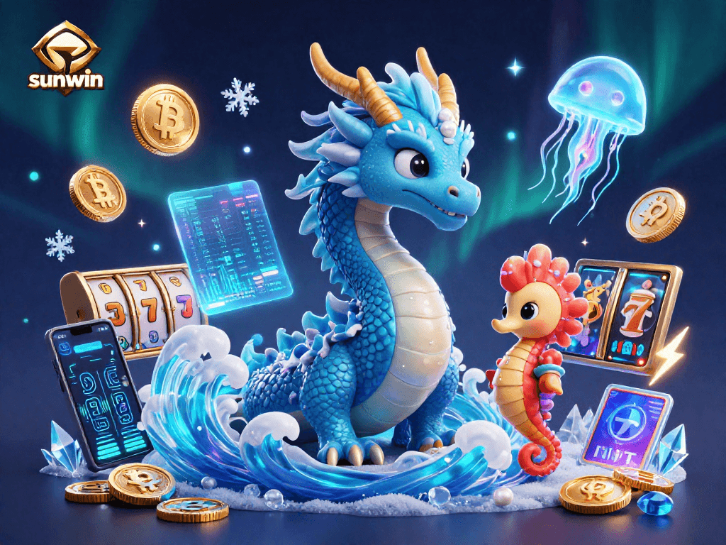 Join sunwin's vibrant casino world with a colorful dragon and knight surrounded by NFT elements.