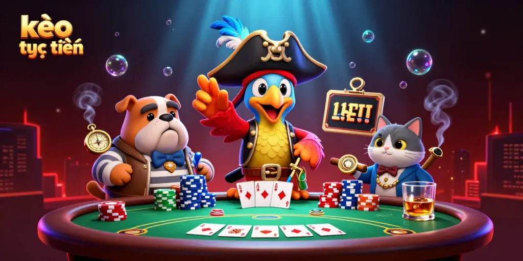 Experience kèo trực tuyến with exciting poker gameplay and animated characters in a vibrant casino scene.