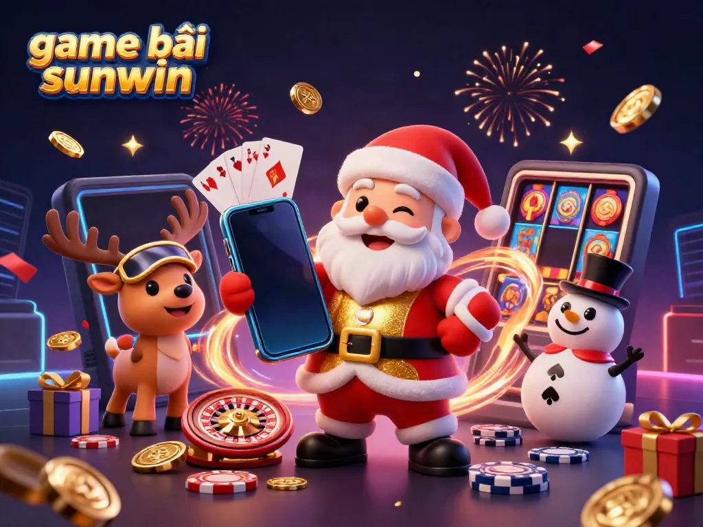 Experience the excitement of game bài sunwin with Santa Claus, his reindeer, and a snowman amid vivid casino elements.