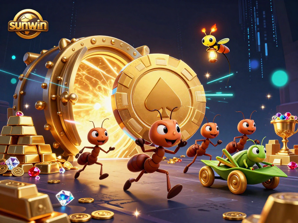 Ants and their firefly lookout winning the heist with sunwin poker chips amid treasures.