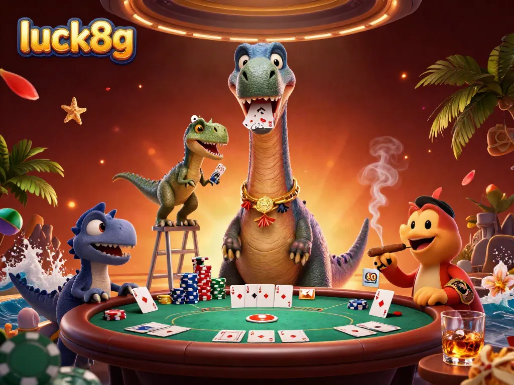 Experience the thrilling allure of luck8g as a giant brontosaurus overlooks an exciting poker game scene.