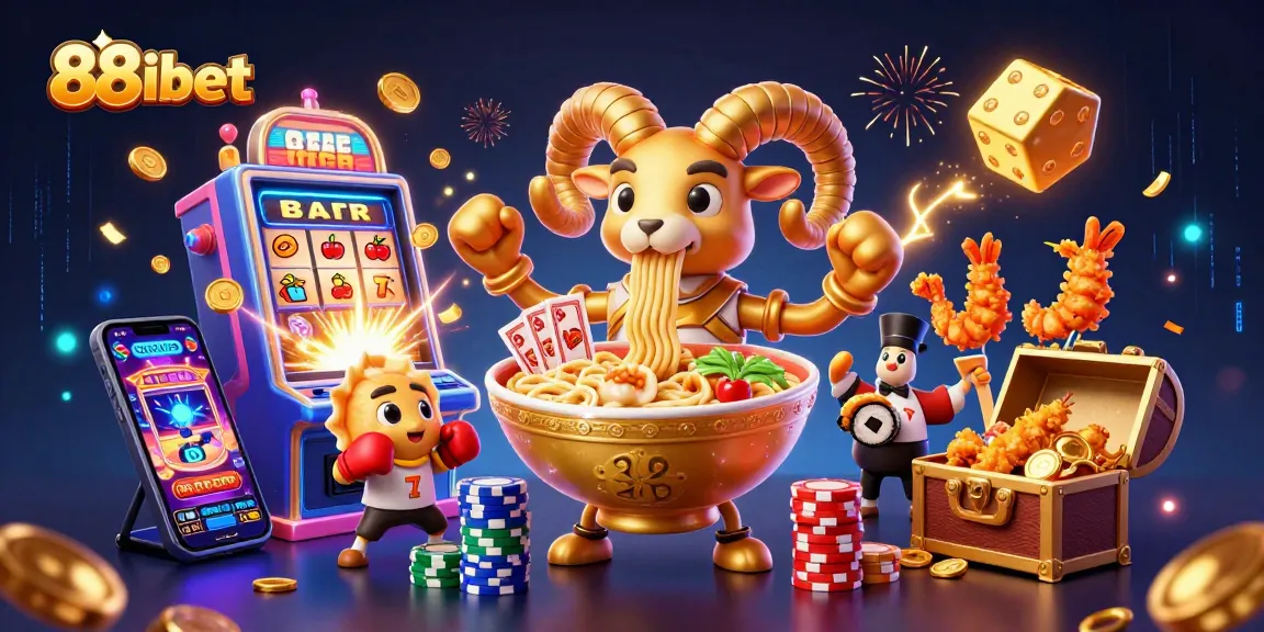 Experience thrilling gameplay at 88ibet with a vibrant casino scene featuring a giant ramen bowl dealer and exciting jackpots.