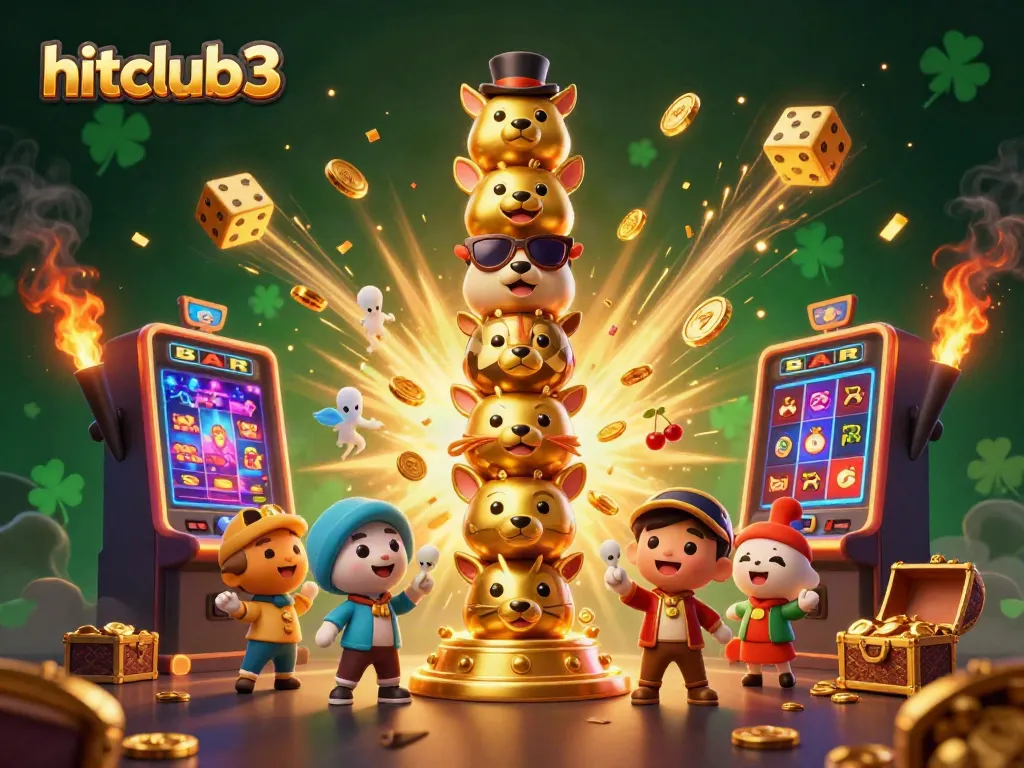 Engage in thrilling adventures at hitclub3, where a dynamic scene showcases a golden totem pole amidst vibrant slot machines and treasures.