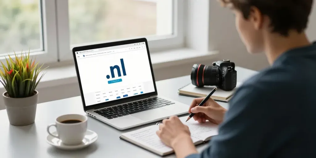 Professionele omgeving voor .nl domeinnaam registreren met laptop en notities