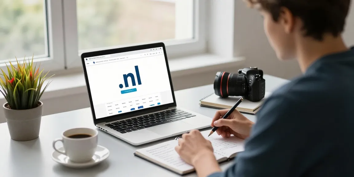 Professionele omgeving voor .nl domeinnaam registreren met laptop en notities