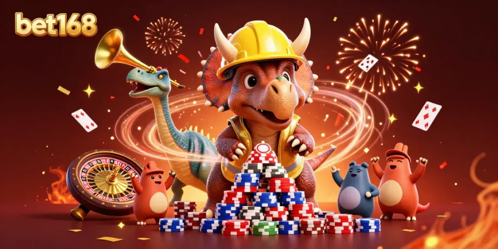 Experience the excitement of bet168 with a dynamic casino-themed 3D scene celebrating wins with triceratops and chips.