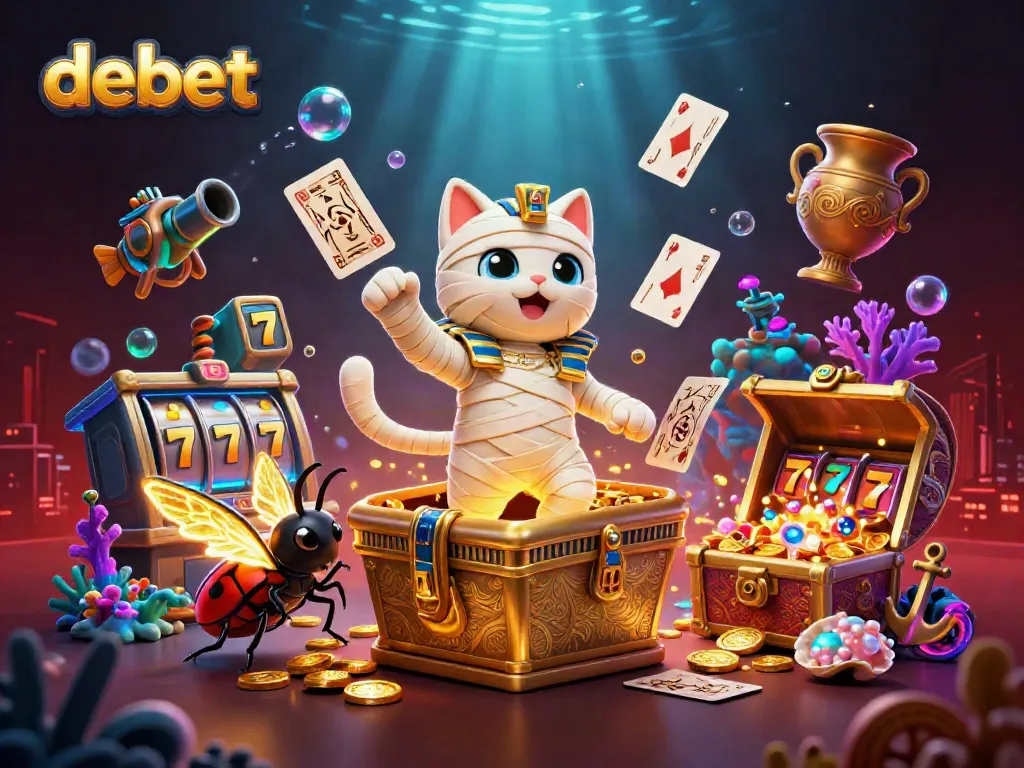 Experience debet in a vibrant casino scene with an Egyptian mummy cat and glowing game elements.