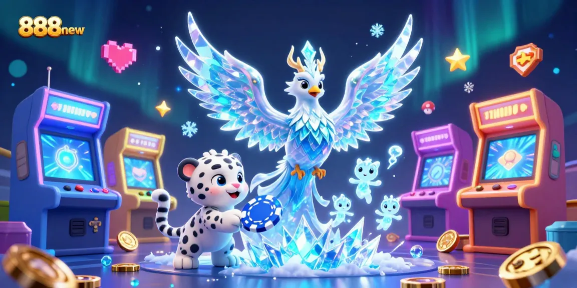 Experience the excitement at 888new as you play with an ice phoenix, snow leopard cub, and sparkling casino elements.