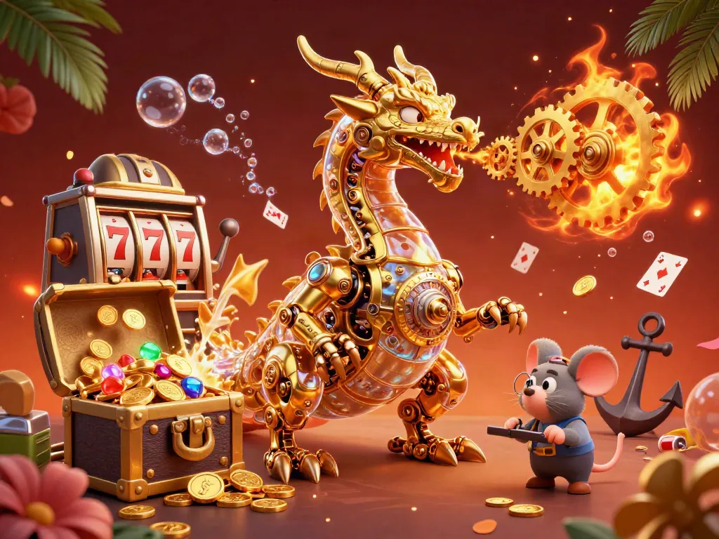 Kaasino offers a vibrant scene with a dragon and mouse amidst gold coins and slot machine elements.
