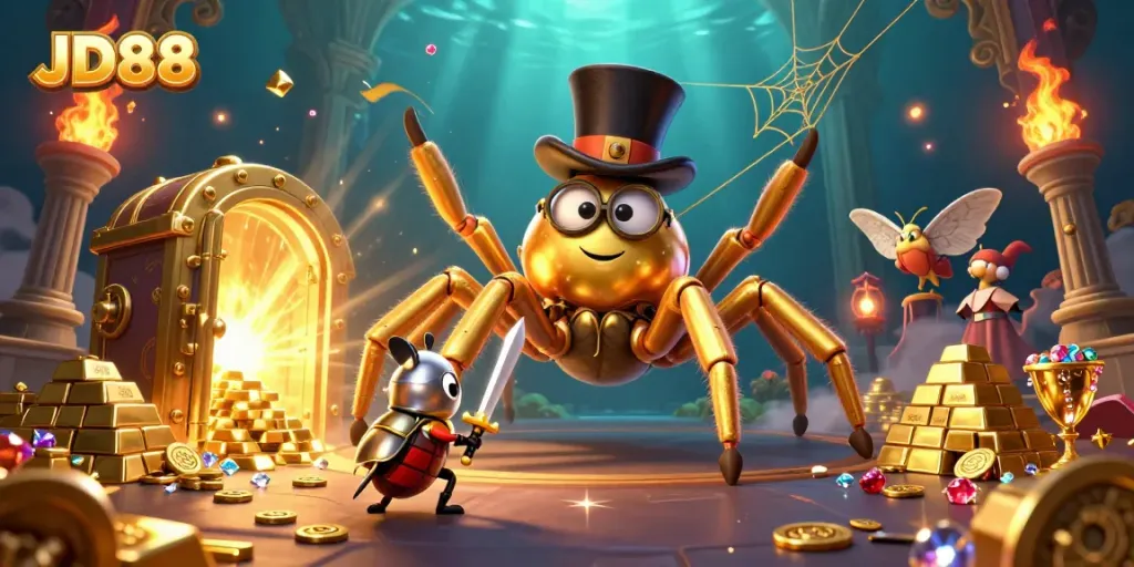 Experience a vibrant JD88 casino adventure with characters around gold treasures and jewels.