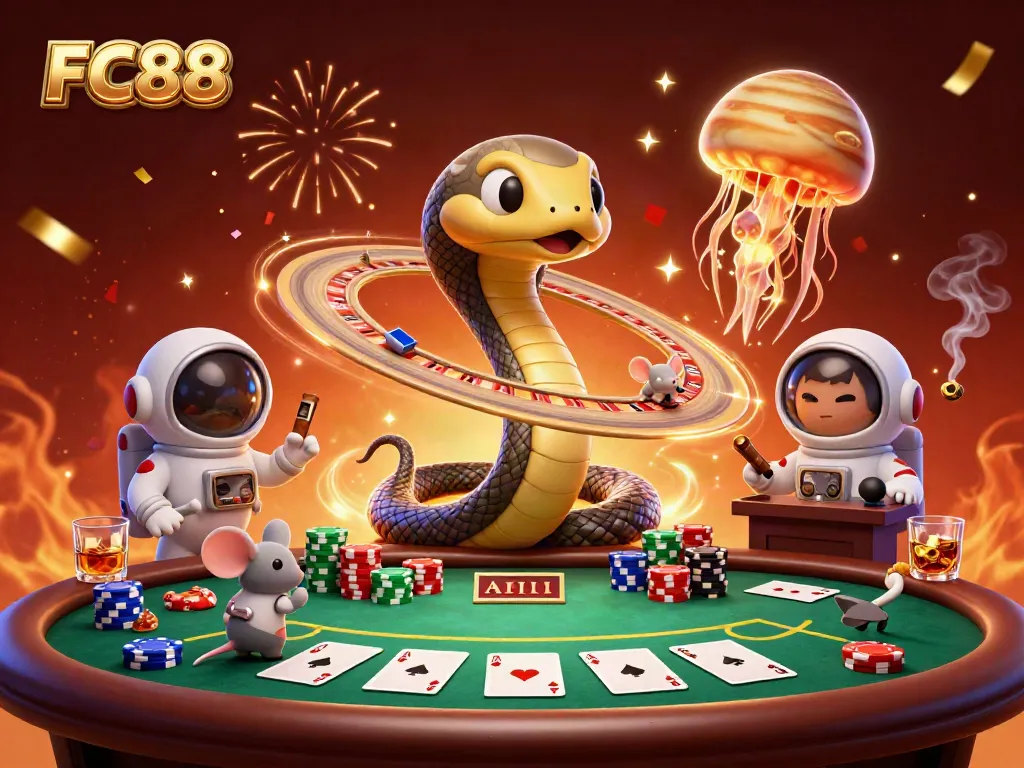 Experience the excitement of FC88 with a vibrant 3D casino scene featuring interactive characters and dynamic gaming elements.