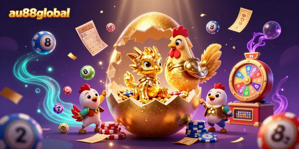 Win massive prizes with au88global in this vibrant casino scene featuring a golden dragon and colorful lottery elements.