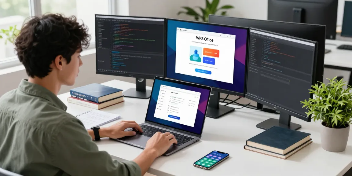 Download WPS Office interface visible on laptop screen in modern workspace.