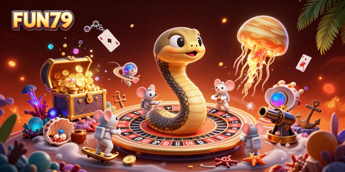 Bet on FUN79's cosmic roulette wheel surrounded by treasure in a vibrant casino scene.