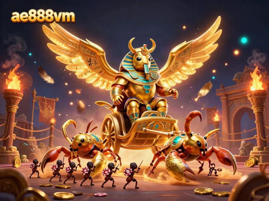 Engage in thrilling gaming adventures with ae888vm's mythical 3D scarab-themed illustration.