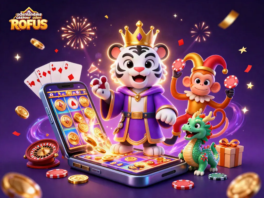 Engage with udenlandske casinoer uden ROFUS through vibrant 3D illustration featuring characters and game elements.