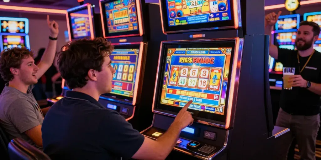 Pengalaman bermain slot88 yang mendebarkan di kasino, dengan pemain berinteraksi dengan mesin slot yang cemerlang.