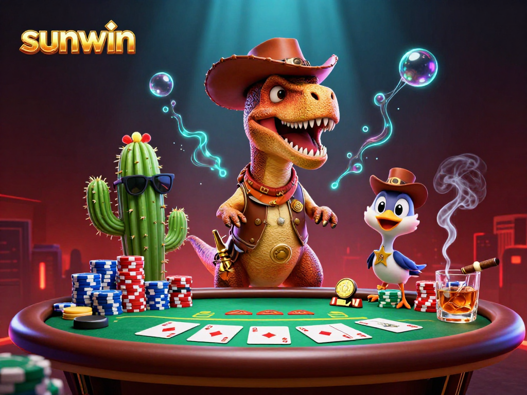 Engage with sunwin at a vibrant poker showdown featuring dynamic characters in a lively casino scene.