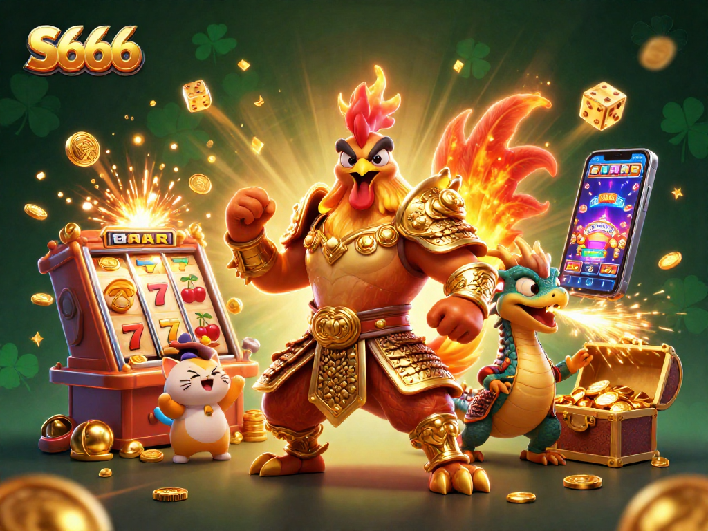 S666 theme featuring cartoon rooster warrior, dragon hatchling, and fortune cat around a vibrant jackpot slot machine.