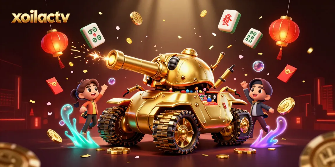 Engage with xoilactv's vibrant casino scene featuring a golden beetle tank filled with tiny players and dynamic game elements.
