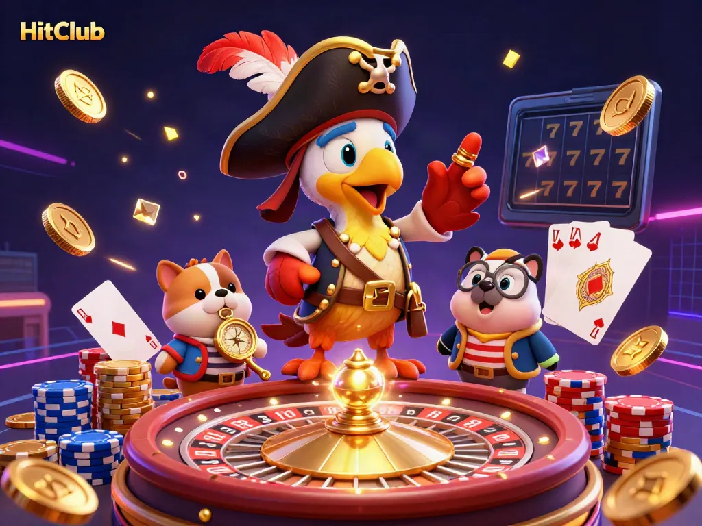 HitClub pirates celebrating casino wins with golden coins, roulette, and vibrant poker cards.