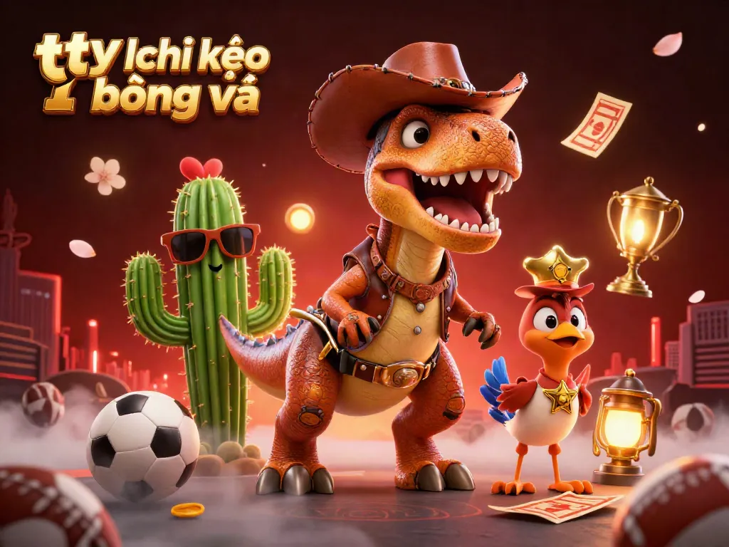 Bet on tỷ lệ kèo bóng đá with a vibrant 3D illustration featuring a dinosaur and friends in a sports betting scene.