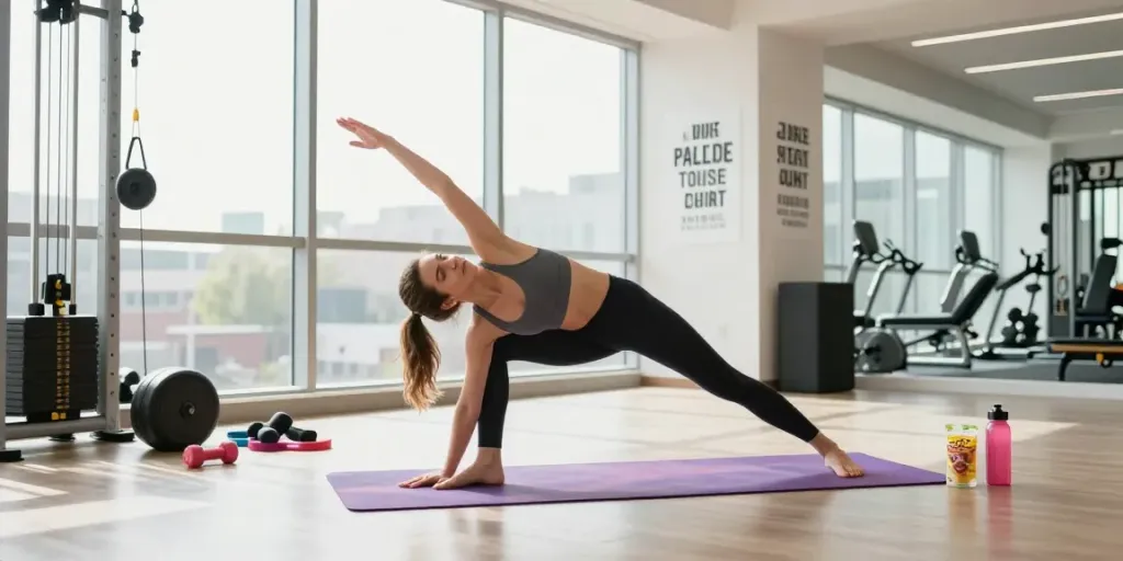 Athletic woman practicing yoga at the gym, showcasing health and wellness products from https://biolabshop.nl/ for an energetic lifestyle.