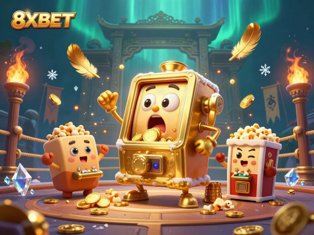 8XBET reveals a vibrant golden slot machine celebrating a jackpot, surrounded by cheering baby machines and casino tokens.