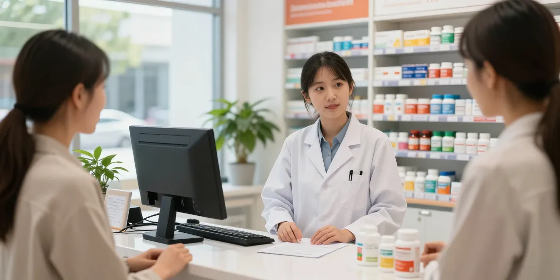 Interactie tussen een klant en de apotheker bij Unique Pharma Shop, met kleurrijke gezondheidssupplementen.