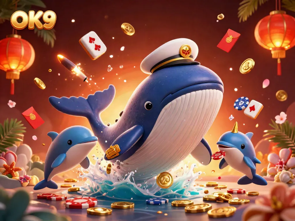Engage in the thrilling world of OK9 casino with a cartoon whale captain breaching through coins, surrounded by festive elements.