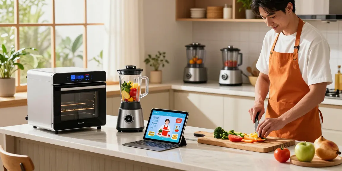 AI cooking gadgets enhancing a modern kitchen with a chef preparing a meal.