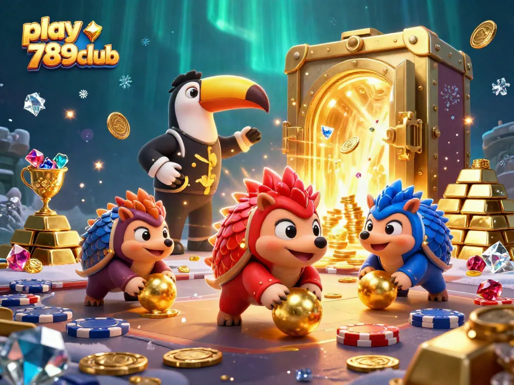 Play 789club and win big in this vibrant 3D illustration featuring rival pangolins bowling through poker chips.