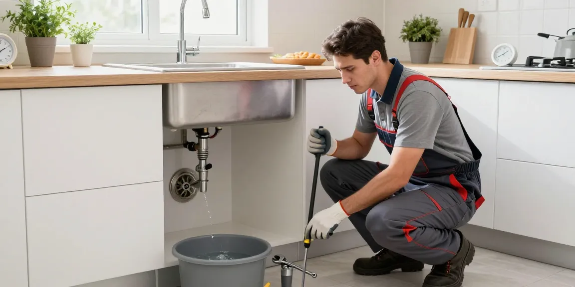 Professionele loodgieter bezig met het verhelpen van een afvoer verstopt probleem in een moderne keuken.