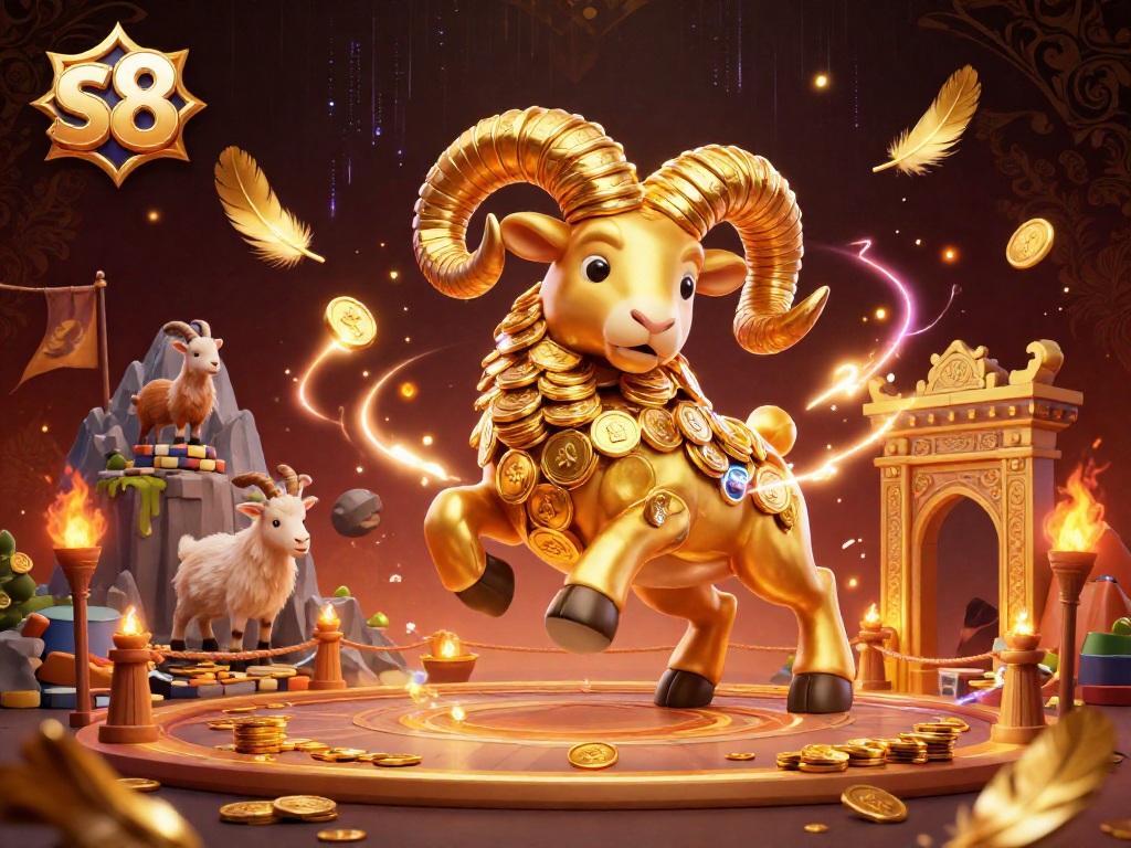 Engage in thrilling gameplay at s8 with a golden ram charging through golden gates amidst a vibrant casino scene.