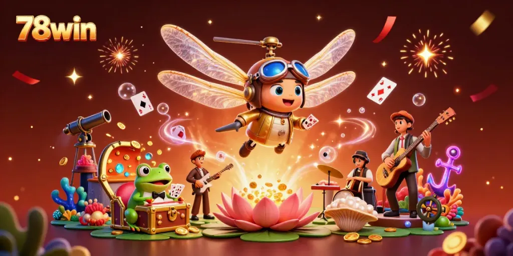 Experience the vibrant world of 78win with a dynamic casino scene featuring whimsical characters and celebratory elements.