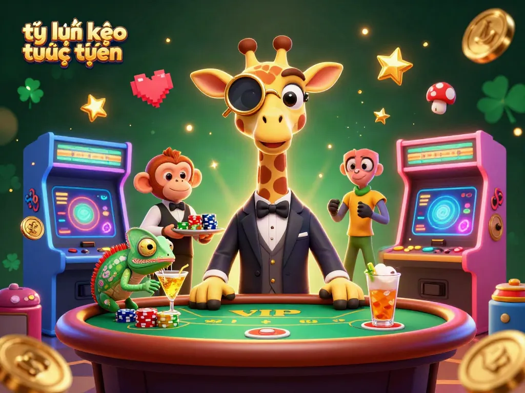Engage with tỷ lệ kèo trực tuyến while enjoying a vibrant casino scene featuring a high-roller giraffe and playful monkey valet.