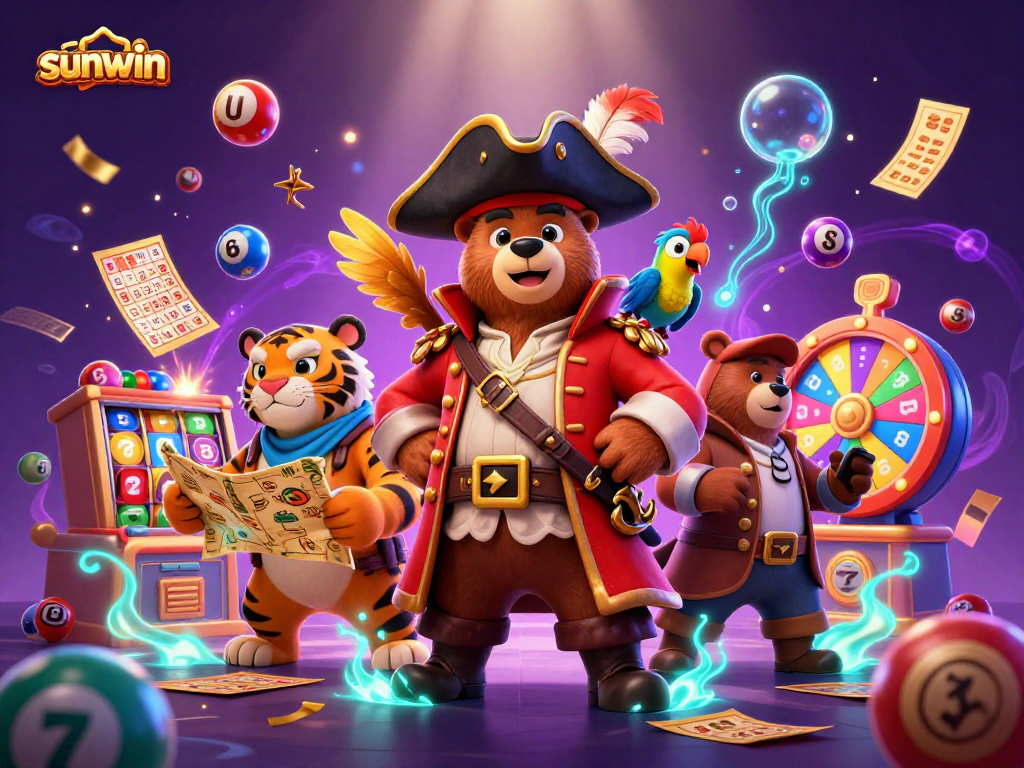 Join the exciting world of sunwin as colorful lottery balls and vibrant casino elements surround animated characters.