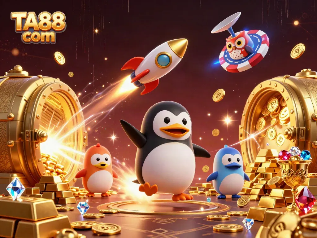 Engage with TA88 com as a golden penguin zooms towards a casino-themed poker chip in space.