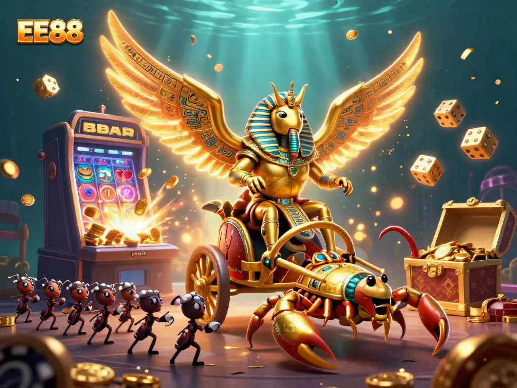 EE88 celebrates winning moments in a vibrant casino scene with a golden beetle, mystical elements, and a jackpot.