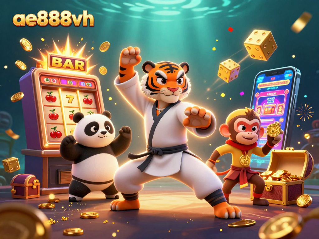 Join the excitement at ae888vh with a kung fu tiger striking a winning pose among vibrant casino elements.