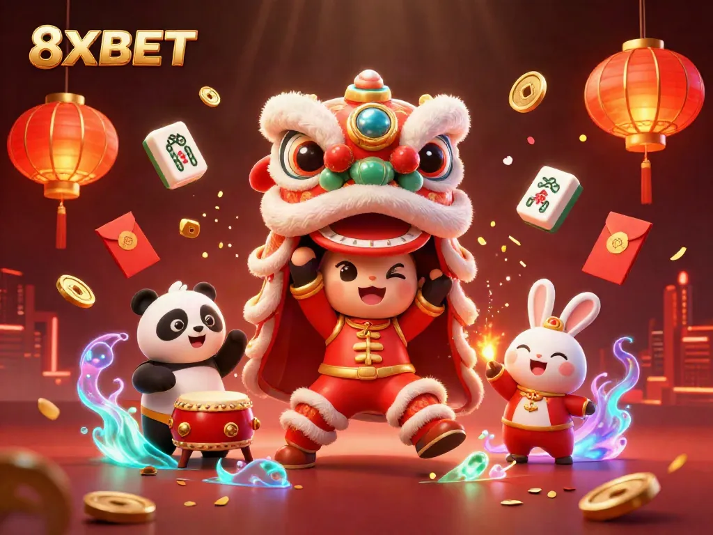 Experience the thrill of 8XBET with vibrant characters celebrating in a rich casino-themed festival.