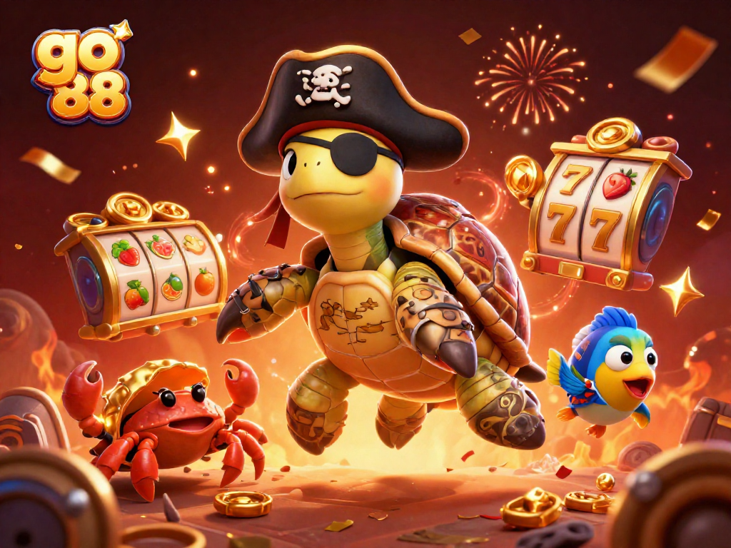 Experience thrill with go 88's vibrant casino scene featuring colorful slot reels and pirate characters.