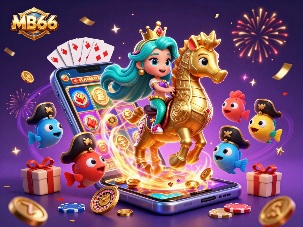 Experience the excitement of MB66 with a vibrant 3D mermaid and seahorse surrounded by dynamic gaming elements.