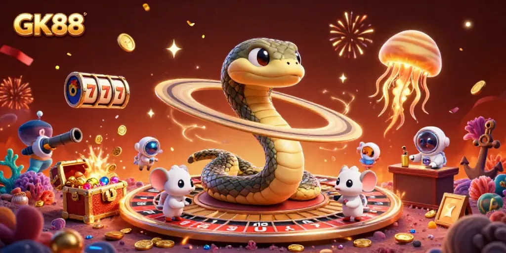 Engage with GK88 as astronaut mice bet on a celestial roulette wheel in an exciting casino-themed scene.