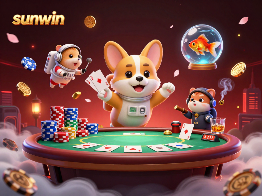 Experience thrilling gaming at sunwin with an astronaut corgi and friends in a vibrant space casino.