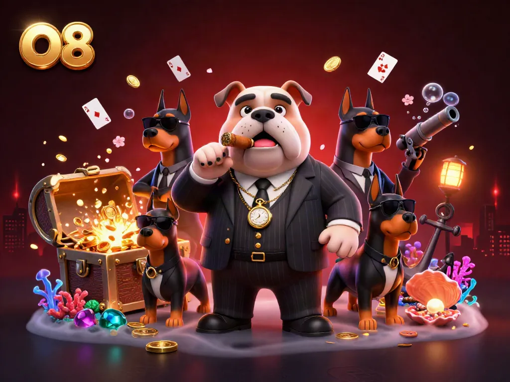 O8 showcases a dynamic scene with a mafia bulldog and Doberman guards amidst casino treasure, enhancing the gambling thrill.