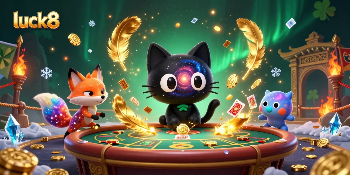 Spin and win with luck8's vibrant cosmic casino featuring a black hole cat and nebula fox.
